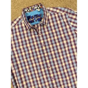 Robert Graham XL Purple Light Blue Check Button Up Short Sleeve Cotton‎ Men's